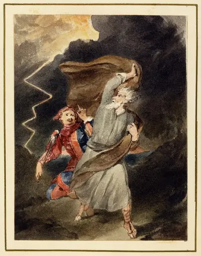 Король Лир, акт III, сцена II, пустошь, буря, с громом и молнией, входят Лир и Дурак by Джеймс Стефанов, 1853 — digital art…