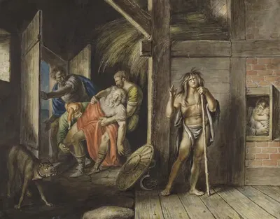 Король Лир, III, 6, комната в фермерском доме, Кент, Глостер и дурак, несущий короля by Иоганн Генрих Рамберг, 1829 —…