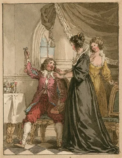 Man displaying a locket to two women by John Augustus Atkinson — digital art print download