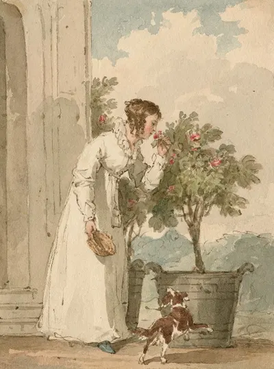 Woman smelling a rose by John Augustus Atkinson — digital art print download