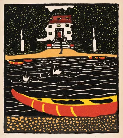 Nr. 253: Teich mit Boot und Schwänen by Carl Krenek, 1909 — digital art print download