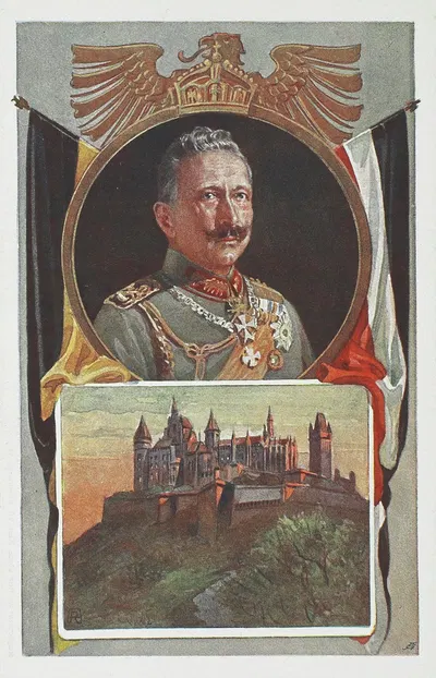 Porträts des Kaisers Wilhelm II. über der Burg Hohenzollern by Anton Reckziegel, 1914-1918 — digital art print download