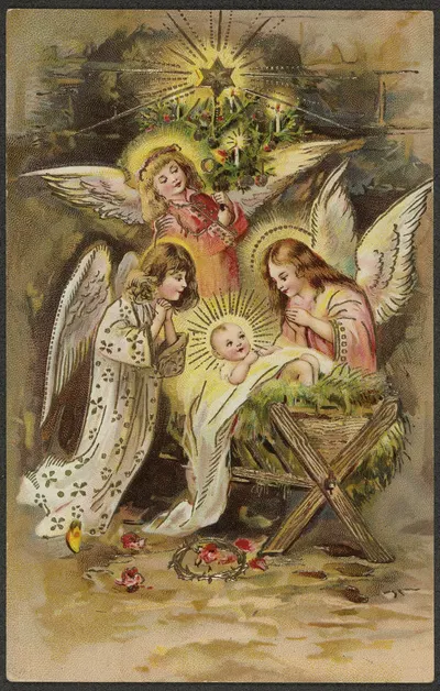 Christmas card with angels and baby Jesus in the manger by Э. А. Швердтфегер — digital art print download