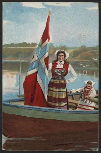 Two women dressed in traditional Norwegian costumes with flags in a boat by John Fredrikson Bog & Kunstfolag — digital art…