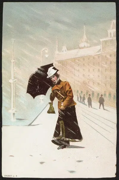 Woman with umbrella in winter weather by John Fredrikson Bog & Kunstfolag — digital art print download