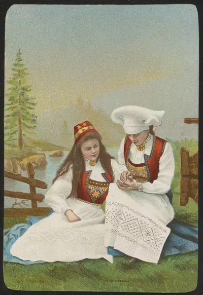 Two women in traditional costumes by H. Abel — digital art print download