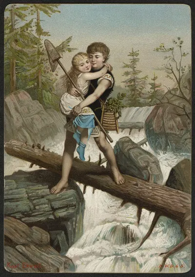 Boy carries girl across river by Knut Ekwall — digital art print download