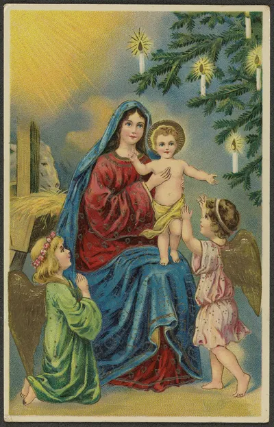 Christmas card, Mary, baby Jesus, angels by Сельмар Байер — digital art print download