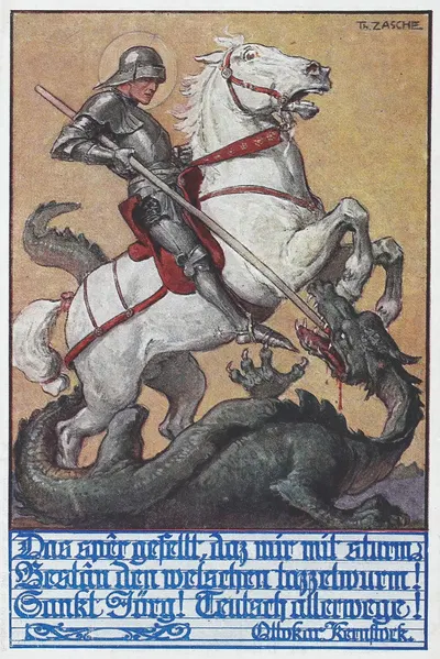 St. Georg bekämpft den Drachen mit Gedicht von Ottokar Kernstock by Theodor Zasche, 1915 — digital art print download
