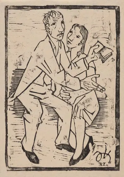 Мужчина, читающий стихи женщине на скамейке в парке by Иоахим Карш, 1932 — digital art print download