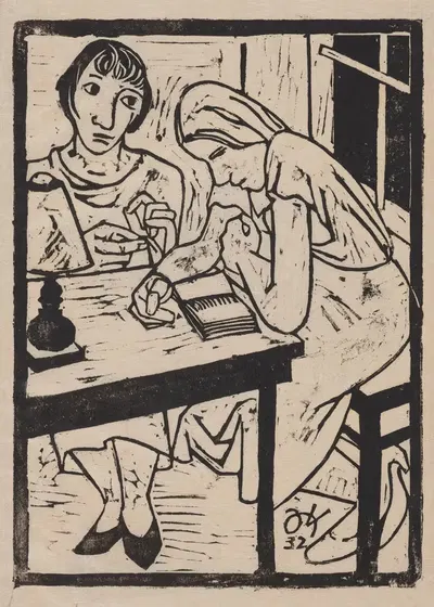 Две женщины, сидящие за столом, одна шьет, другая читает книгу by Иоахим Карш, 1932 — digital art print download
