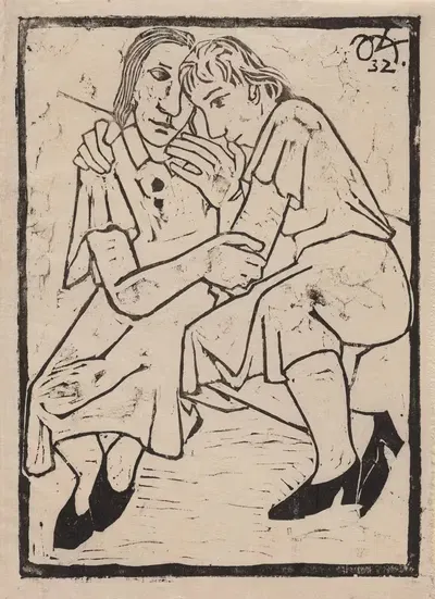 Две женщины, сидящие на скамейке, обнявшись by Иоахим Карш, 1932 — digital art print download