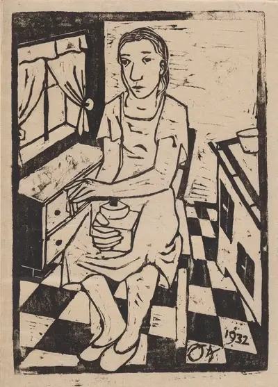 Женщина, сидящая на кухонном стуле, держащая кофемолку by Иоахим Карш, 1932 — digital art print download