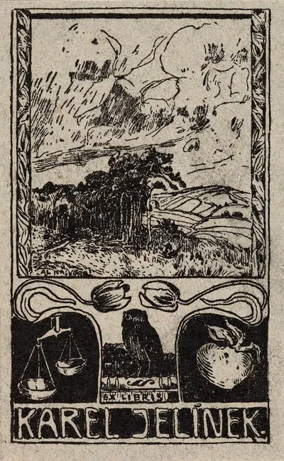 Bookplate of Karel Jelinek by Alois Kalvoda, 1900 — digital art print download