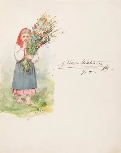 Girl with a bouquet of wild flowers by Antoni Kozakiewicz, 1910 — digital art print download