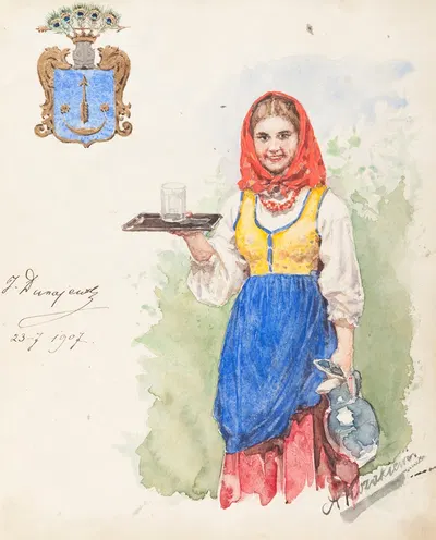 Girl with a jug of water and a tray by Antoni Kozakiewicz, 1907 — digital art print download