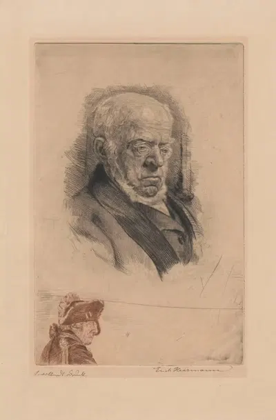 Portrait of Adolph Menzel with remarque; Frederic the Great’s head by Erich Heermann, 1908 — digital art print download