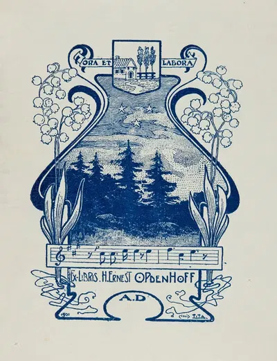 Экслибрис Г. Эрнеста Опденхофа. Молись и работай by Луи Тиц, 1900 — digital art print download