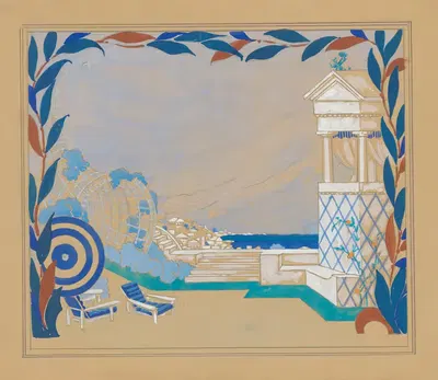 Amphitryon 38 – maquette de décor – acte I, terrasse donnant sur une ville antique au bord de la mer by Jean-Camille Cipra,…