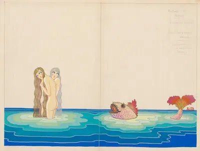 Бани – макет декора – занавески, две купальщицы слева, большая рыба справа by Зиг (Луи Годен) — digital art print download