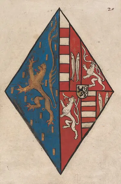Alliance coat of arms of Nassau Loon-Heinsberg by Herald of Nassau-Vianden, 1485-1495 — digital art print download