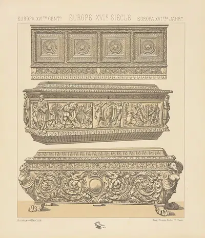 Objets mobiliers – bahuts, coffres de mariage by Auguste Racinet, 1876-1888 — digital art print download