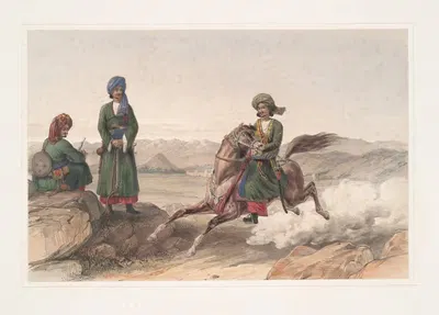 Форт Киллех Абдуллы. Кавалеристы Ахучкзей by Джеймс Аткинсон, 1843 — digital art print download