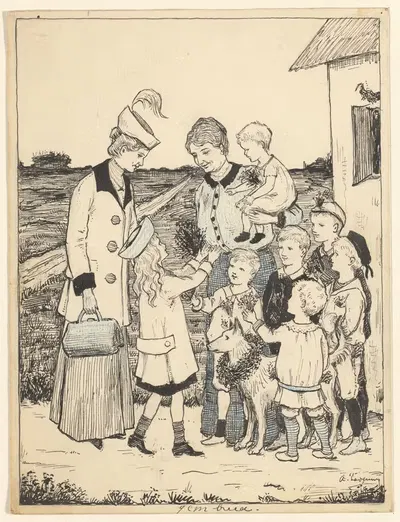 Дети предлагают женщине вересковые цветы by Адри Ладениус, 1910-1940 — digital art print download
