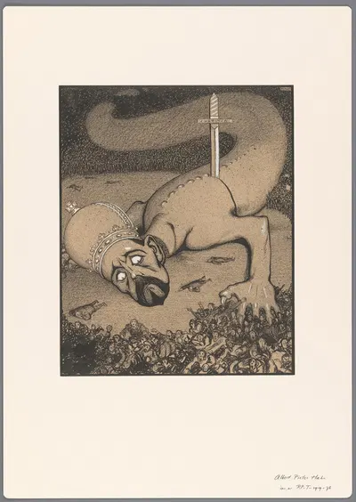 Ontwerp voor een politieke spotprent slang met gekroond hoofd neergestoken door zwaard van Justitia by Albert Hahn,…