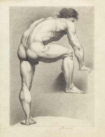 Staand mannelijk naakt, de rechtervoet en -arm steunend op een blok by Albert Voituron, 1797 — digital art print download