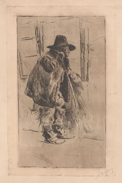 Старик с тростью и сумкой через плечо by Арман Хайнс, 1866-1910 — digital art print download