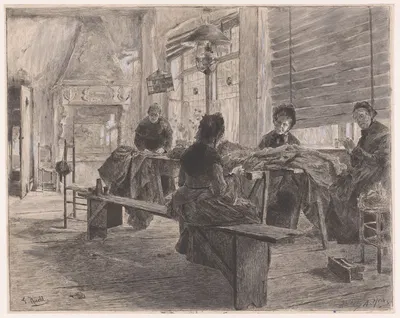 Четыре женщины работают в швейной мастерской by Арман Хайнс, 1866-1910 — digital art print download
