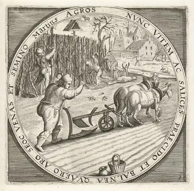 The month of March, plowing by Crispijn van de Passe the Elder, 1650-1675 — digital art print download