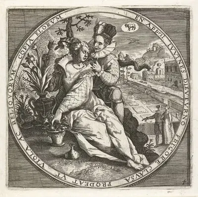 The month of April, a couple in the garden by Crispijn van de Passe the Elder, 1650-1675 — digital art print download