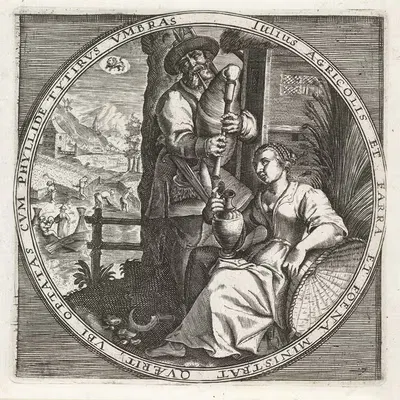 The month of July, bagpiper and woman with jug by Crispijn van de Passe the Elder, 1650-1675 — digital art print download