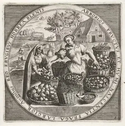 The month of August, fruit seller by Crispijn van de Passe the Elder, 1650-1675 — digital art print download