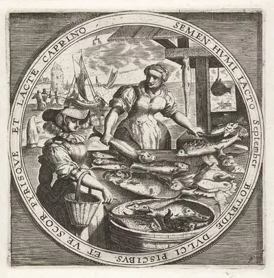 The month of September, fishmonger by Crispijn van de Passe the Elder, 1650-1675 — digital art print download
