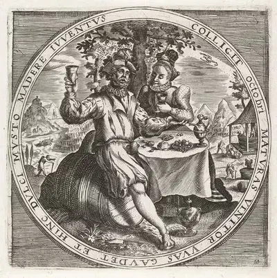 The month of October, wine drinkers by Crispijn van de Passe the Elder, 1650-1675 — digital art print download