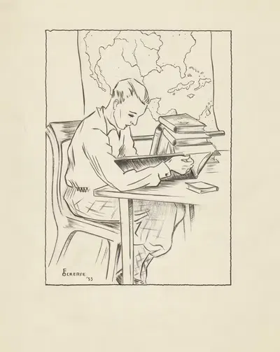 Молодой человек читает книгу за столом by Ф. Окерс, 1933 — digital art print download