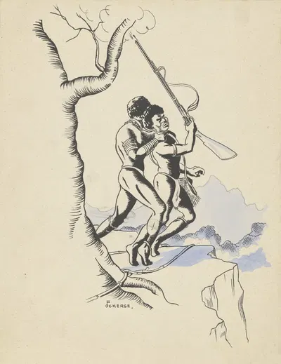 Мужчина душит охотника огнестрельным оружием by Ф. Окерс, 1936 — digital art print download