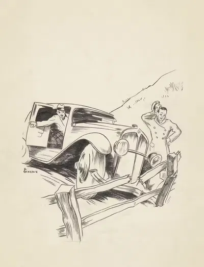 Мужчины едут на автомобиле в ворота by Ф. Окерс, 1930-1940 — digital art print download