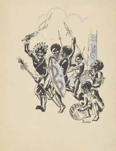 Народ Новой Гвинеи танцует вокруг тотемного столба by Ф. Окерс, 1936 — digital art print download