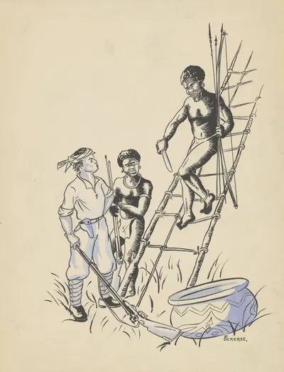 Новой Гвинейский охотник спускается с плетеной лестницы by Ф. Окерс, 1936 — digital art print download
