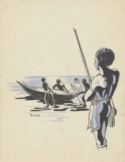 Новой Гвинейский охотник смотрит на уходящее судно by Ф. Окерс, 1936 — digital art print download