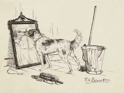 Hond snuffelt aan een spiegel by F. van Leeuwen — digital art print download