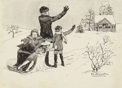 Sneeuwlandschap met zwaaiende figuren by F. van Leeuwen — digital art print download