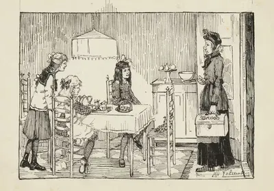 Vrouw met een brooddoos in een deuropening by F. van Leeuwen — digital art print download