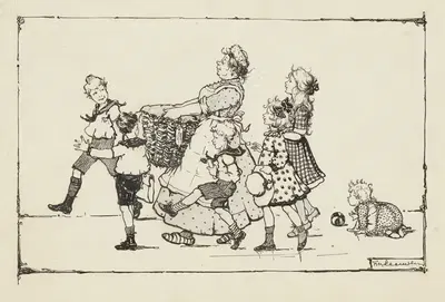 Zes kinderen en een vrouw met een mand by F. van Leeuwen — digital art print download