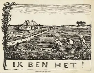 Drie kinderen in een landschap met boerderij Ik ben het by Frans Lazarom — digital art print download
