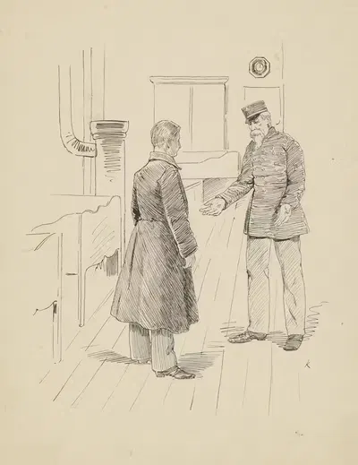 Мужчина в пальто и военный в интерьере by Генрих М. Краббе, 1898 — digital art print download